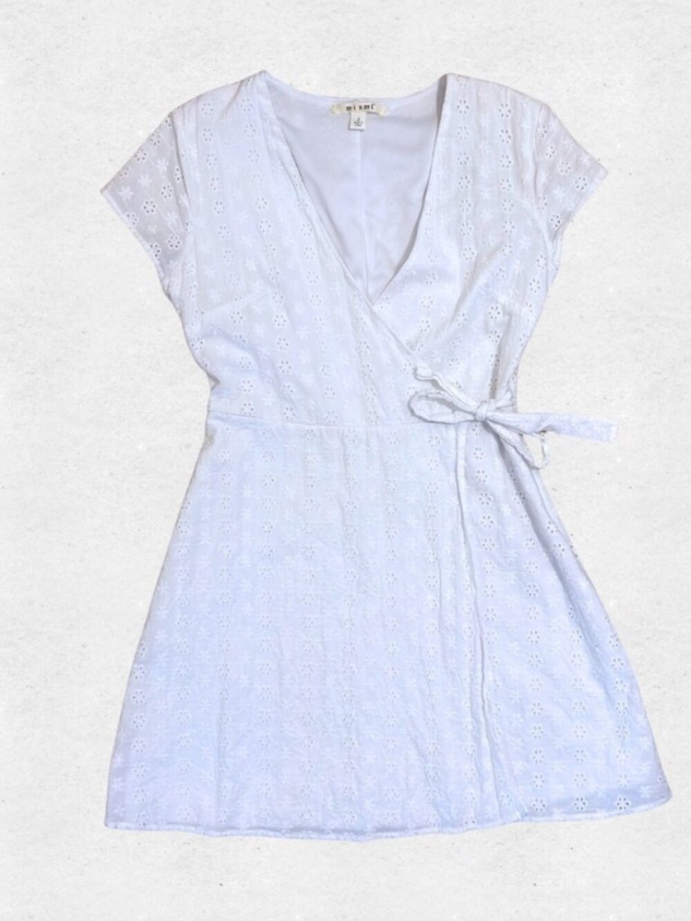 White Jossalin Floral Embroidered Cotton Eyelet Wrap Mini Dress Small Bridal